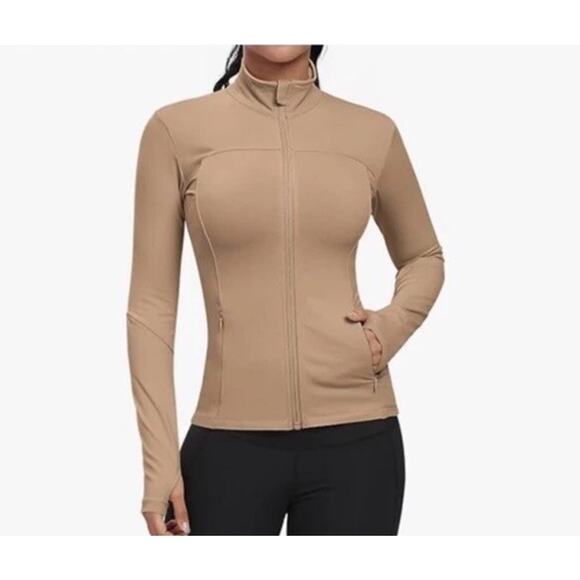 GYM RAINBOW Workout Full Zip Long Sleeve Slim Fit Running Jacket XL Light Brown - Picture 3 of 10